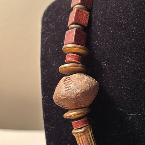 Earth Tone Wooden, Clay and Mixed Media Beaded Statement Necklace 18.5” - Picture 4 of 5